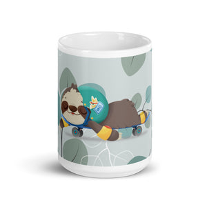 GrumpySloth Cute Sloth Skateboarding Designer White glossy mug